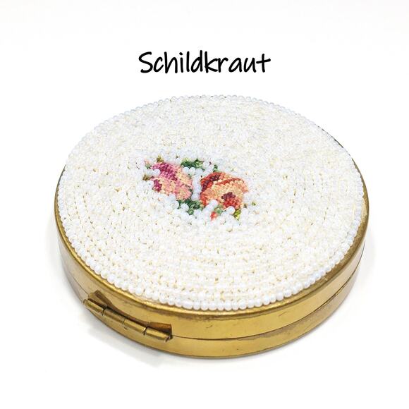 Vintage White Beaded Petit Point Compact, Schildkraut, Coty Powder, Vintage - Picture 1 of 10
